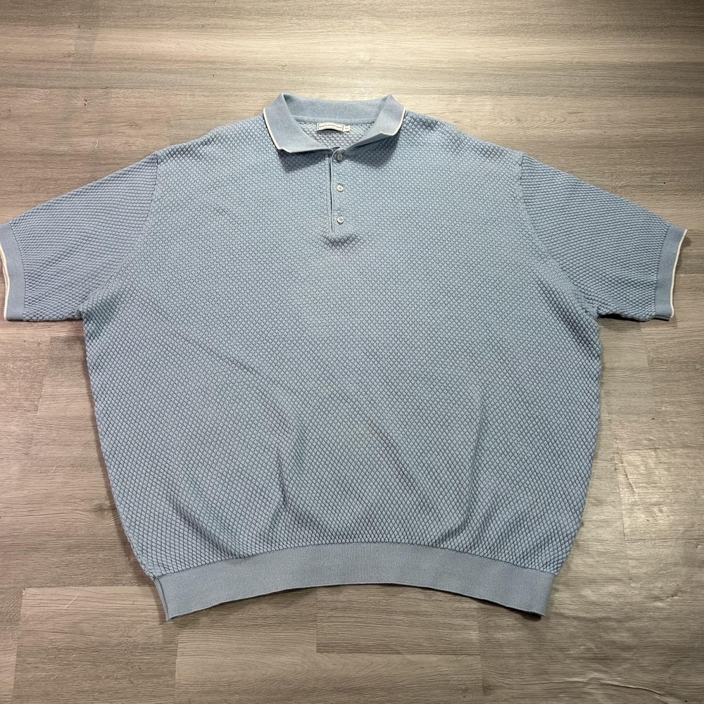 VINTAGE Maus & Hoffman Polo Shirt Mens 2XL Blue Textured Cotton Silk Knit